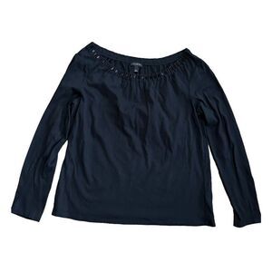 Talbots Womens black shirt embellished collar sz M modal cotton blend Grannycore